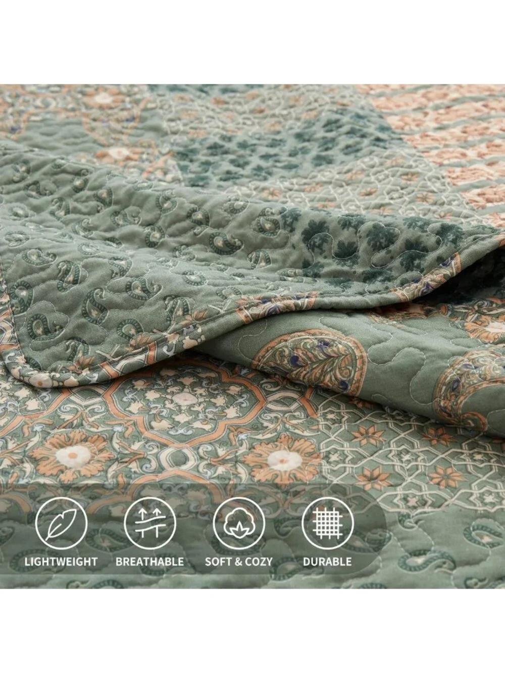 Floral Paisley Olive Green Quilt Set - Full/Queen Bedding with 2 Pillow Shams